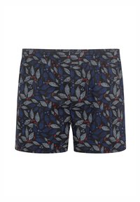 Boxershorts mit einem schwarzen Hintergrund und einem Blättermuster in Blau-, Grau- und Rottönen, gefertigt aus weichem Stoff mit einem elastischen Bund.