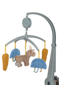 Gray mobile with plush hanging toys, including a brown donkey, blue and yellow textured shapes, and yellow ribbons for attachment.