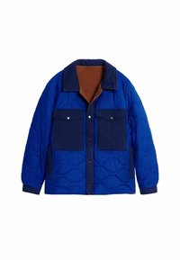 Gestepptes blaues Außensakko mit einem khakibraunen Cordkragen. Verfügt über zwei Vorderaschen, Druckknöpfe und kontrastierende marineblaue Einsätze.