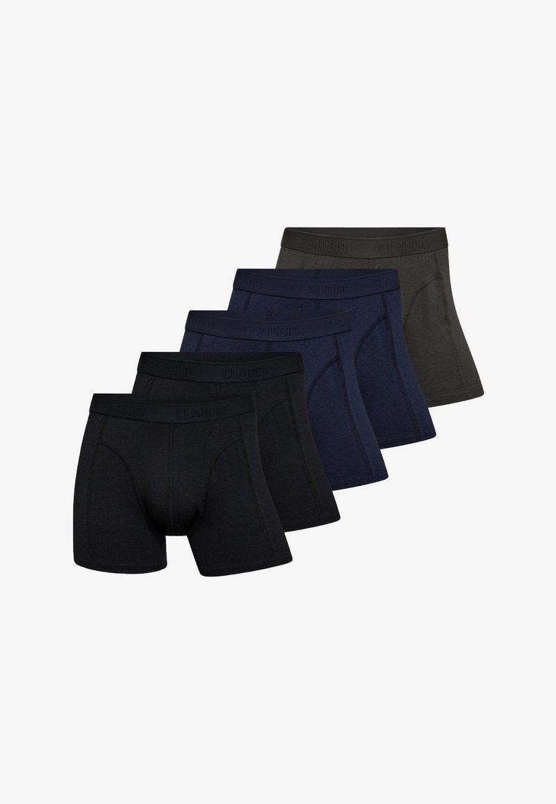 Fem par boxer shorts i forskellige nuancer af sort og marineblå, lavet af blødt stof, med en elastisk talje med mærke.
