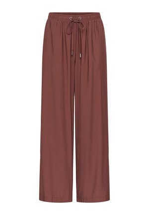 Pantalon marron ample avec taille élastique et cordon réglable, en tissu léger.