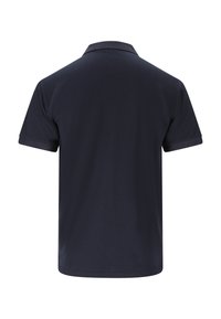 Donkerblauw poloshirt met korte mouwen, gezien van achteren, met een klassieke kraag en een rechte zoom.