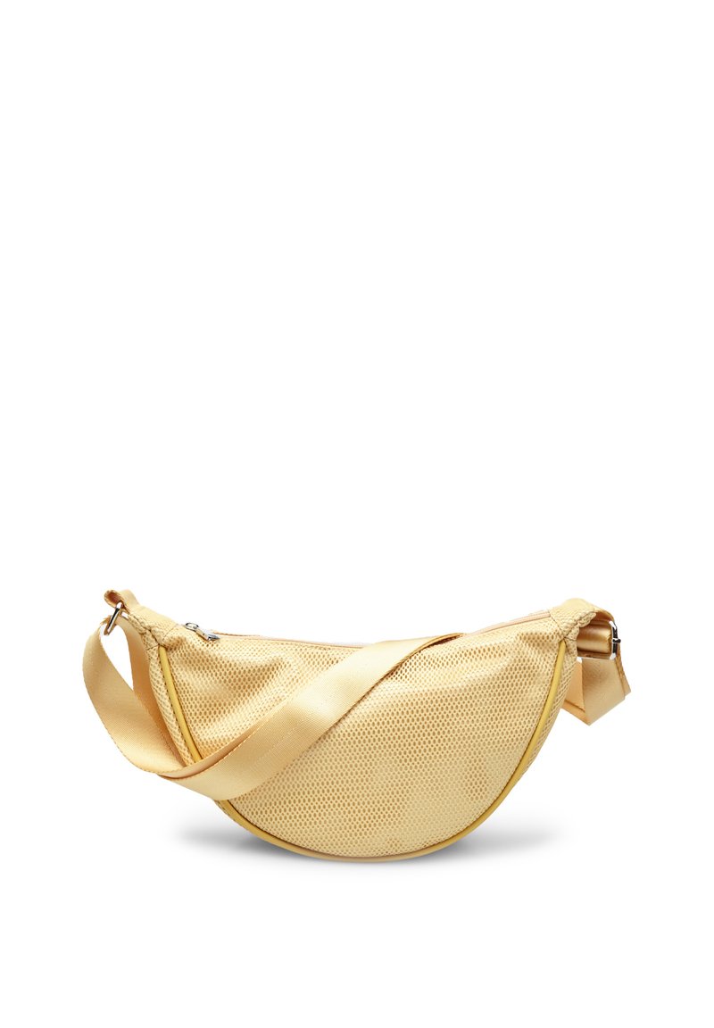 Dzeltena sietota pleca soma ar pusapļa dizainu, regulējamu siksnu un ar rāvējslēdzēju aizvēru. Fakturēta virsma ar gludu akcentu.