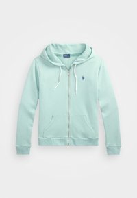 Mintgrön zip-up huvtröja tillverkad av mjukt material, med en främre dragkedja, kangaoränte fickor och en justerbar huva. Litet logotyp på bröstet.