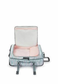 Softshell suitcase with a light blue and pink floral pattern. Features a zippered compartment, dual handles, and extendable handle, with a smooth interior.