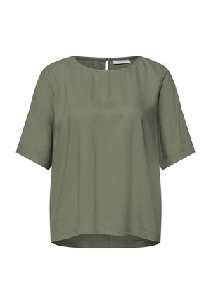 Oliwkowa bluzka z krótkim rękawem, okrągłym dekoltem i zapięciem na guzik typu keyhole z tyłu, wykonana z lekkiego materiału.
