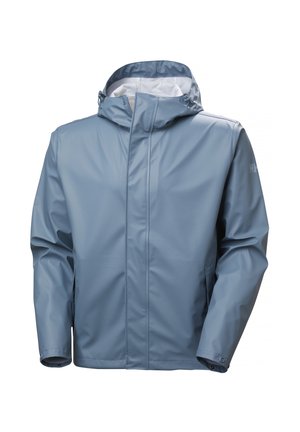 Veste imperméable bleu clair avec capuche, fermeture éclair frontale et boutons-pression aux poignets, conçue pour la protection contre les intempéries en plein air.