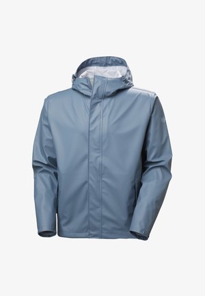 Light blue waterproof jacket with hood, front zipper and snap closures on cuffs, designed for outdoor weather protection.