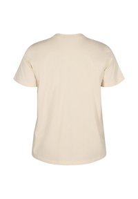 Beige cotton t-shirt with short sleeves, round neckline, and a relaxed fit. Seamless back with a smooth texture and no visible embellishments.