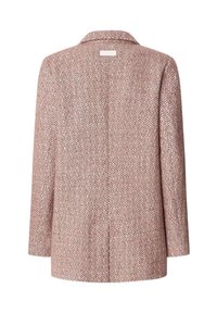 Manteau à motif chevrons dans des tons rose-pâle et crème. Présente un col ajusté, des manches longues et un seul fente au dos.