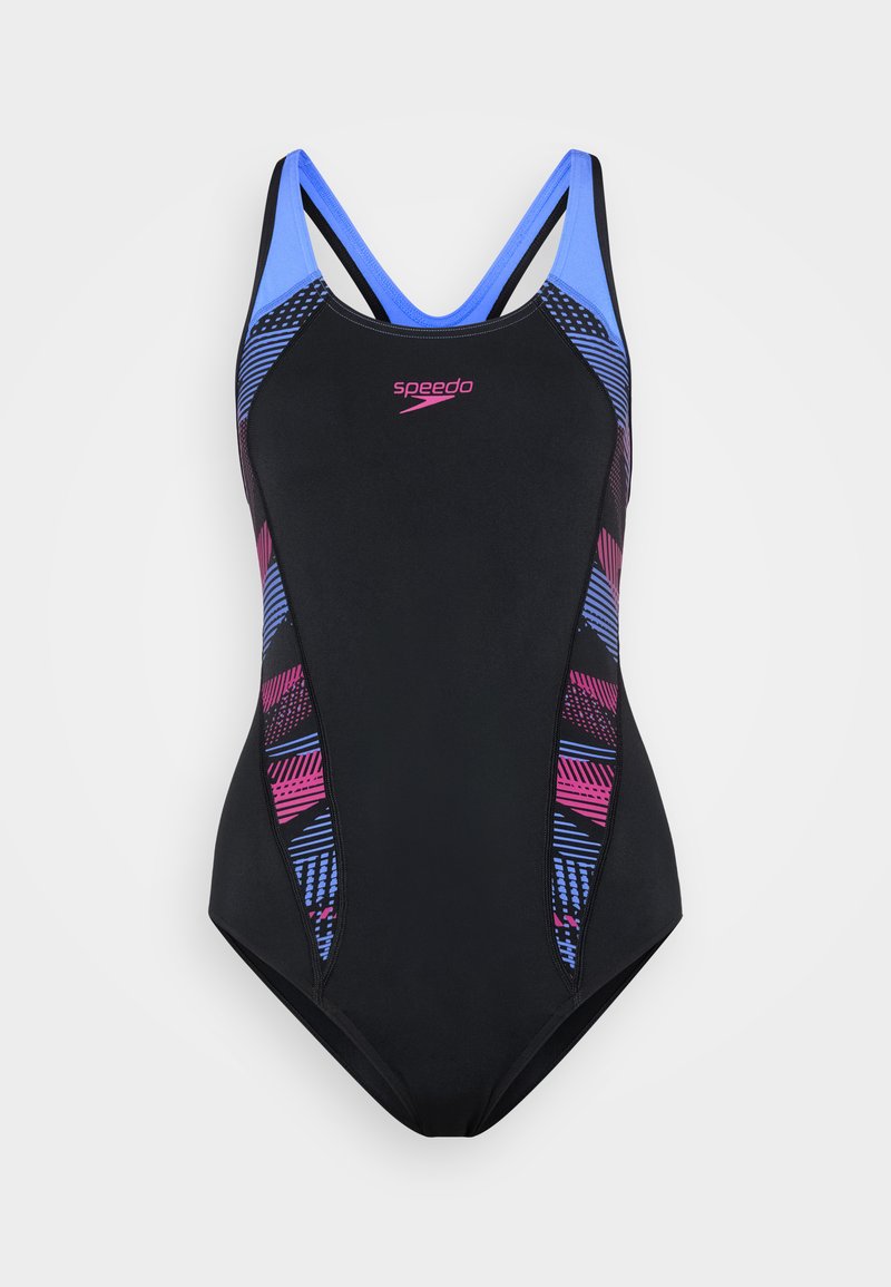 Schwarzer Badeanzug mit blauen und pinken geometrischen Mustern, ausgestattet mit einem Racerback-Design und dem Speedo-Logo in Pink auf der Brust.