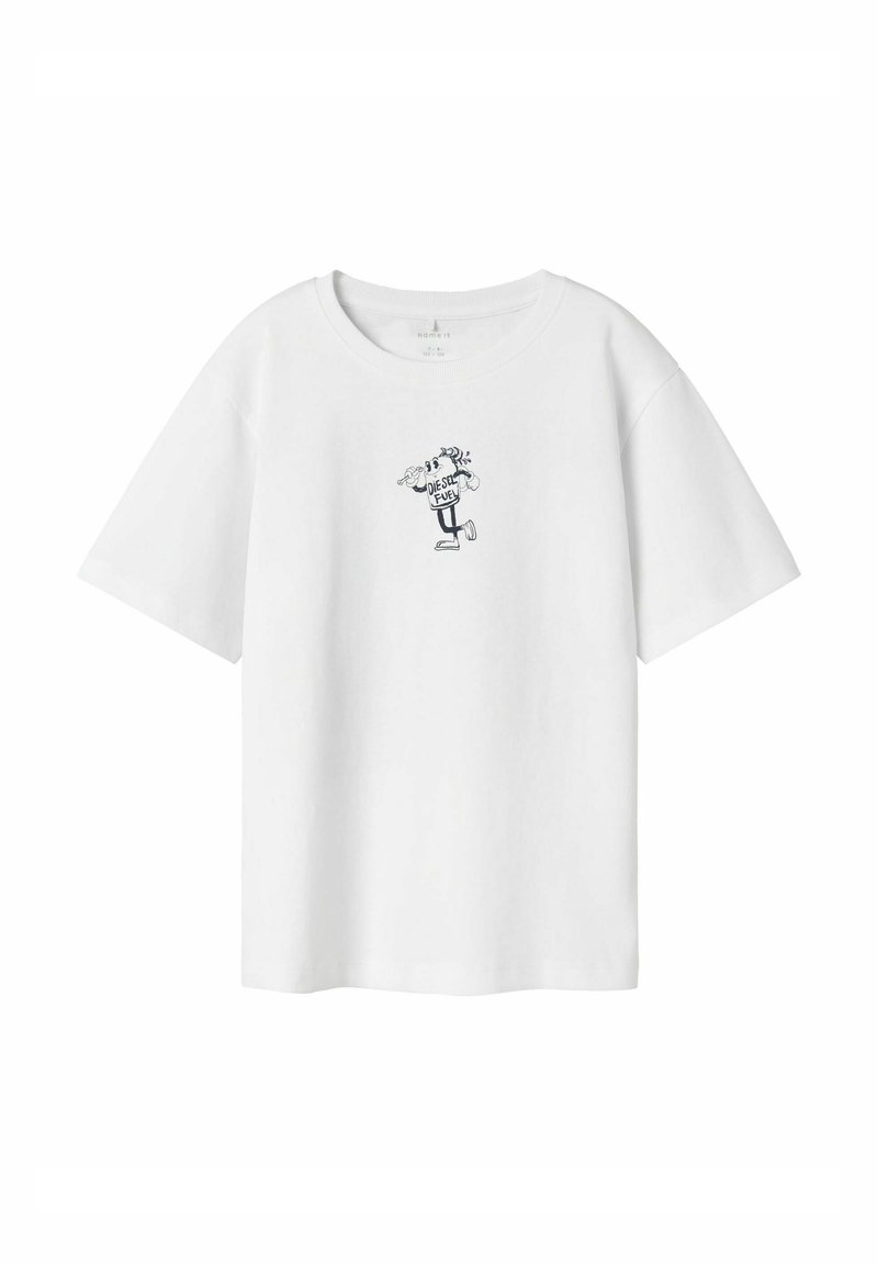 Valge lühikeste varrukatega t-särk puuvillast, esitades ees karikatuuri graafikat, kus on kujutatud diiselkütuse pumba. Klassikaline ümmargune kaeluse disain.