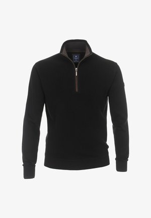 Sort quarter-zip sweater med et struktureret strikmønster, ribbede ærmer, og en kontrasterende lynlåsdetalje. Glat, blød stoffinish.