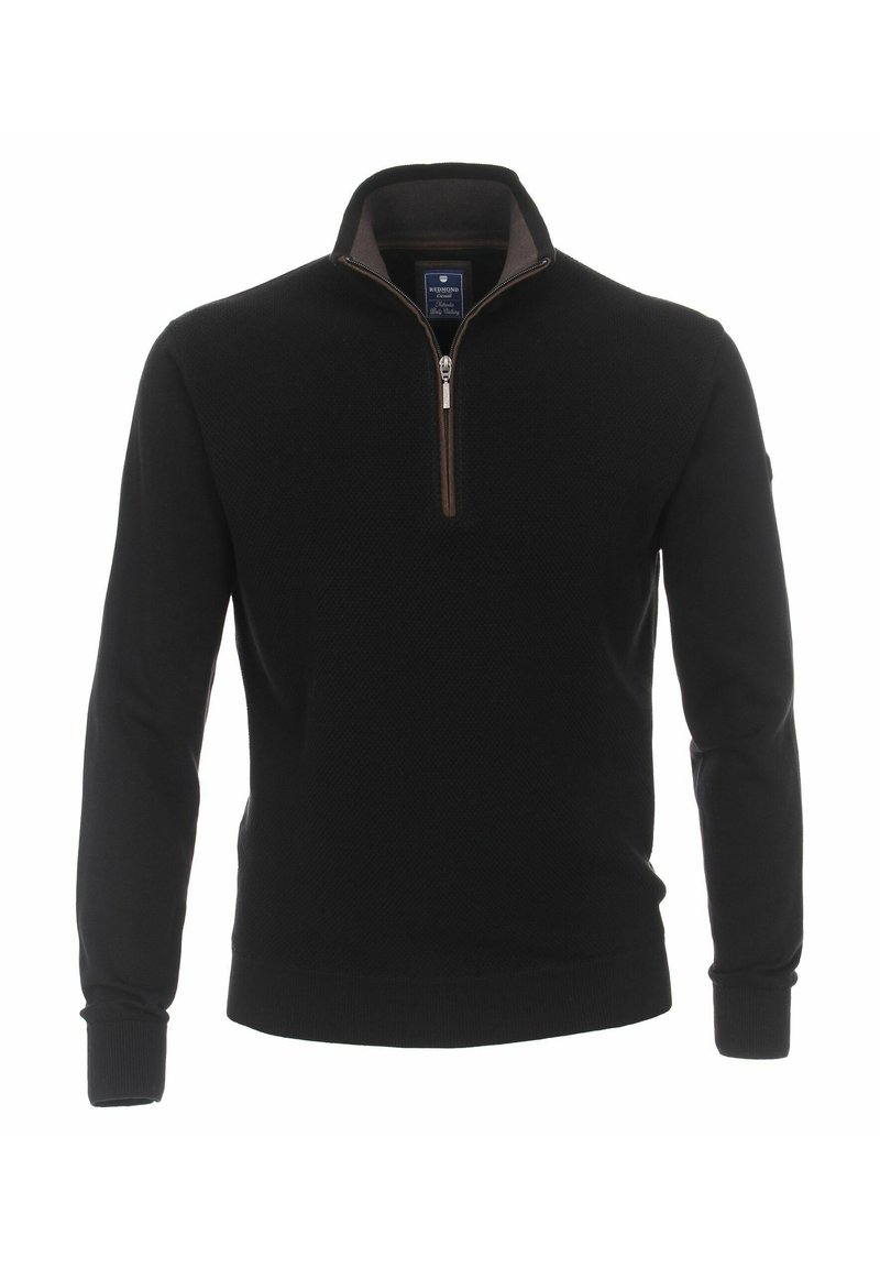 Czarny sweter z zamkiem na ćwierć z teksturowanym wzorem, ściągaczami przy mankietach i kontrastującym detalem zamka. Gładkie, miękkie wykończenie materiału.