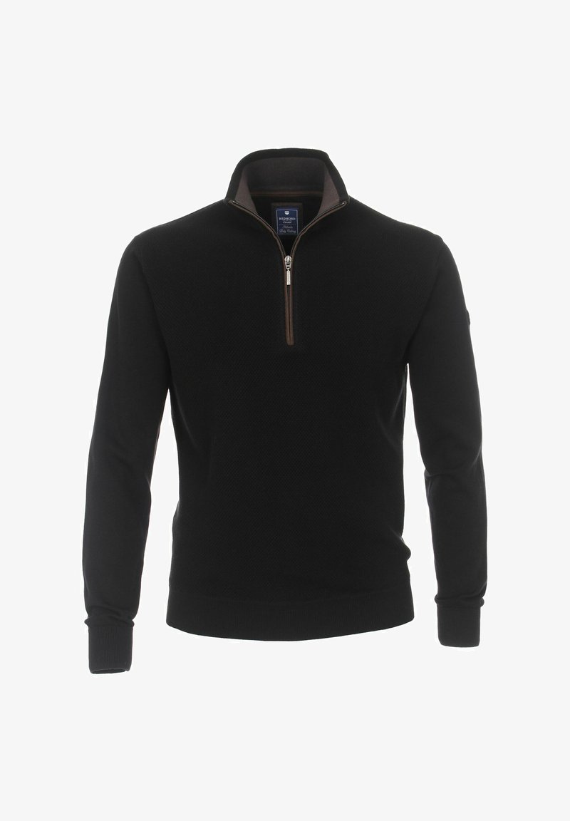 Czarny sweter z zamkiem na ćwierć z teksturowanym wzorem, ściągaczami przy mankietach i kontrastującym detalem zamka. Gładkie, miękkie wykończenie materiału.