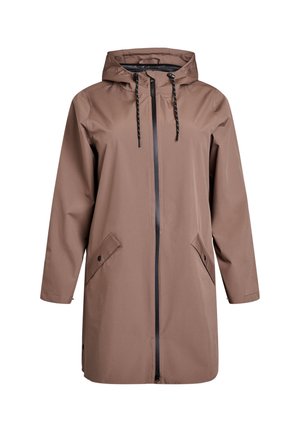 Brown waterproof coat with a hood, long sleeves, front zipper closure, and two side pockets. Features black drawstrings and detailing.