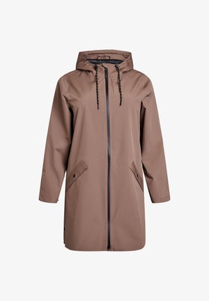 Hnědý voděodolný kabát s kapucí, dlouhými rukávy, předním zipem a dvěma bočními kapsami. Obsahuje černé stahovací šňůrky a detaily.