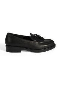 Schwarzer Leder-Loafer mit einem schlanken Design, runder Zehenform, einer Quaste als Akzent und einer flachen Gummisohle.