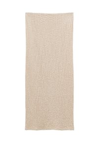 Beige textil med struktur och vävt mönster, med en mjuk och plysch yta. Rektangulär form, lämplig för drapering eller lager-på-lager.