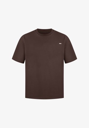 Braunes T-Shirt mit kurzen Ärmeln aus Baumwolle. Es hat einen Rundhalsausschnitt und ein kleines Logo auf der linken Brustseite. Glatte Textur, lockere Passform.