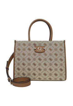 Sac à main en cuir marron avec un corps beige à motifs, doté d'une plaque logo, de deux poignées et d'une bandoulière amovible.