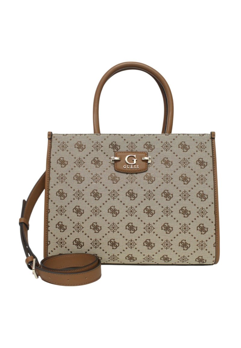 Sac à main en cuir marron avec un corps beige à motifs, doté d'une plaque logo, de deux poignées et d'une bandoulière amovible.