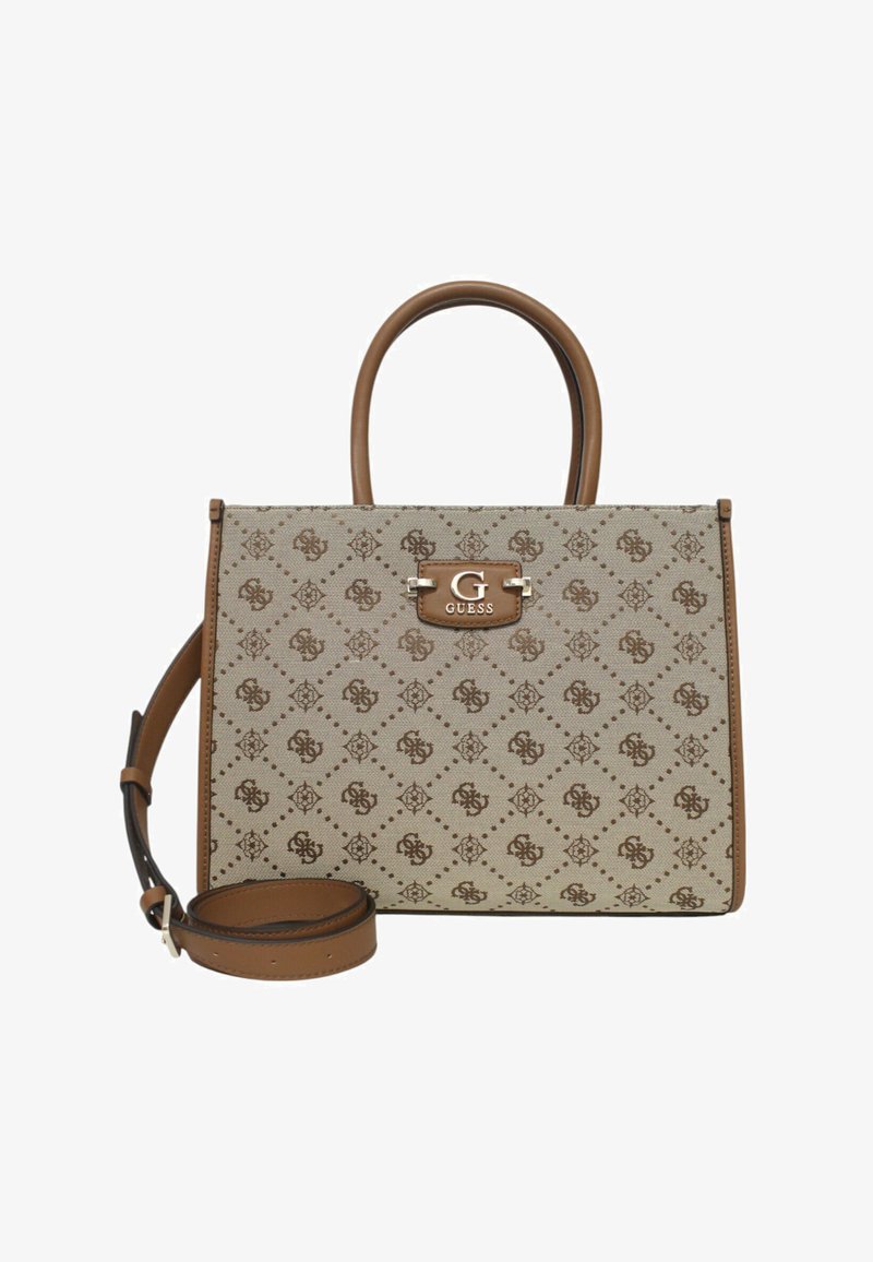 Bolso de mano de cuero marrón con un cuerpo beige estampado, que presenta una placa con el logo, asa doble y una correa de hombro desmontable.