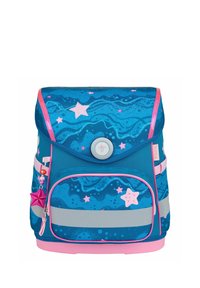 Blue backpack with a wave pattern, pink star accents, reflective gray stripes, and a button closure. Features a front zip pocket and charm.