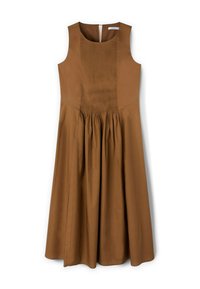 Brown, sleeveless dress featuring a smocked bodice, flared skirt, and a keyhole back. Made of lightweight fabric with a smooth texture.
