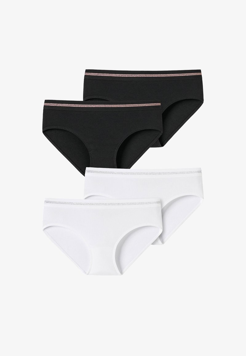 Vier Paare Baumwoll-Slip-Unterwäsche: zwei schwarze mit einem gemusterten Bund, zwei weiße mit einem silbernen Akzentbund.