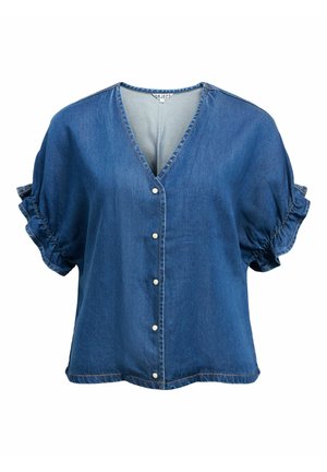 Blaue Jeansbluse mit kurzen Ärmeln, V-Ausschnitt, vorderen Druckknöpfen und gerüschten, elastischen Ärmeln.