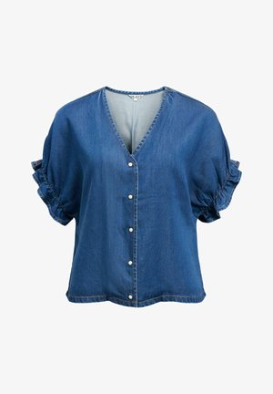 Blaue Jeansbluse mit kurzen Ärmeln, V-Ausschnitt, vorderen Druckknöpfen und gerüschten, elastischen Ärmeln.