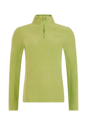 Groene fleece trui met een hoge kraag, halve rits aan de voorkant en lange mouwen. Gladde textuur, lichtgewicht ontwerp en logo-detail op de borst.