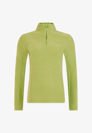 Zelený fleecový pulóver s vysokým golierom, polovičným zipsom vpredu a dlhými rukávmi. Hladká textúra, ľahký dizajn a detail loga na hrudi.