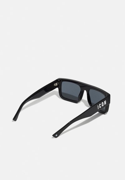 Black sunglasses with a glossy finish, square lenses, and "ICON" printed in white on the arms. Features silver hardware accents.