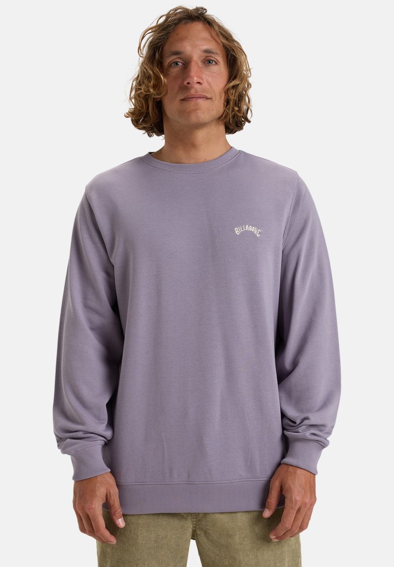 Lila sweatshirt i mjukt material, med ribbad halsringning och ärmslut, samt en liten vit logotyp på vänster bröst. Löst sittande.
