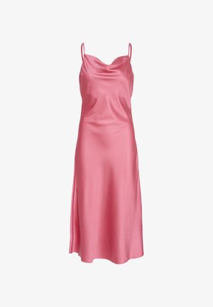 Pink satin slip dress with a cowl neckline, thin adjustable straps, and a flowing silhouette that extends to mid-calf length.