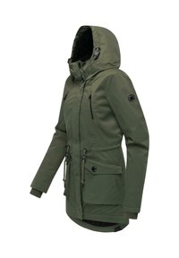 Olive green hooded jacket with a zip front, adjustable drawstrings, two front pockets, and a soft inner lining. Features black hardware accents.