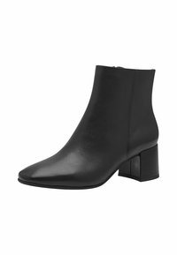 Botas de cuero negras hasta el tobillo con puntera afilada y tacón grueso. Textura suave con un diseño elegante, que cuenta con una cremallera lateral discreta.
