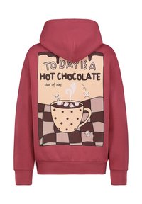 Bordeauxrode hoodie met een afbeelding van een kop warme chocolademelk met marshmallows, en de tekst "VANDAAG IS EEN WARME CHOCOLADE soort dag" erboven.