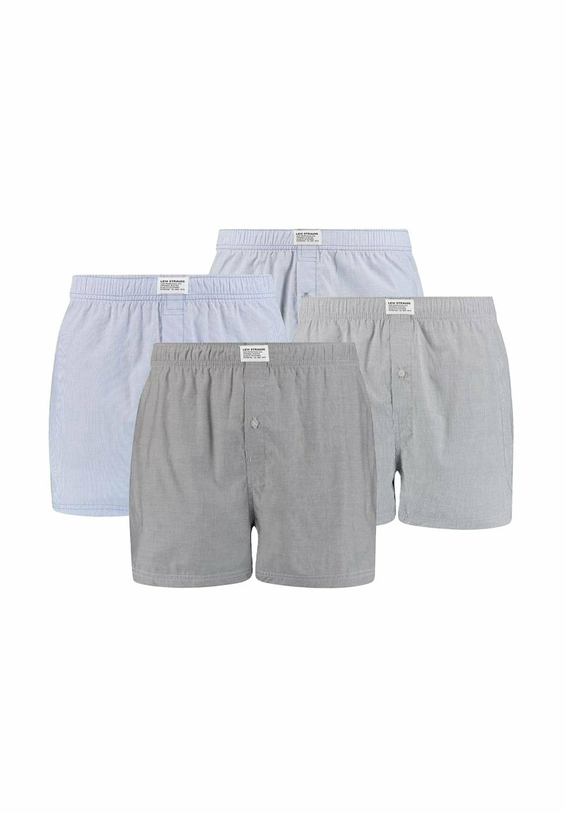 Mutande boxer in un pacco di quattro, con due design a strisce azzurro chiaro e due modelli grigi uni. Tessuto in cotone con vita elastica e dettaglio del bottone.
