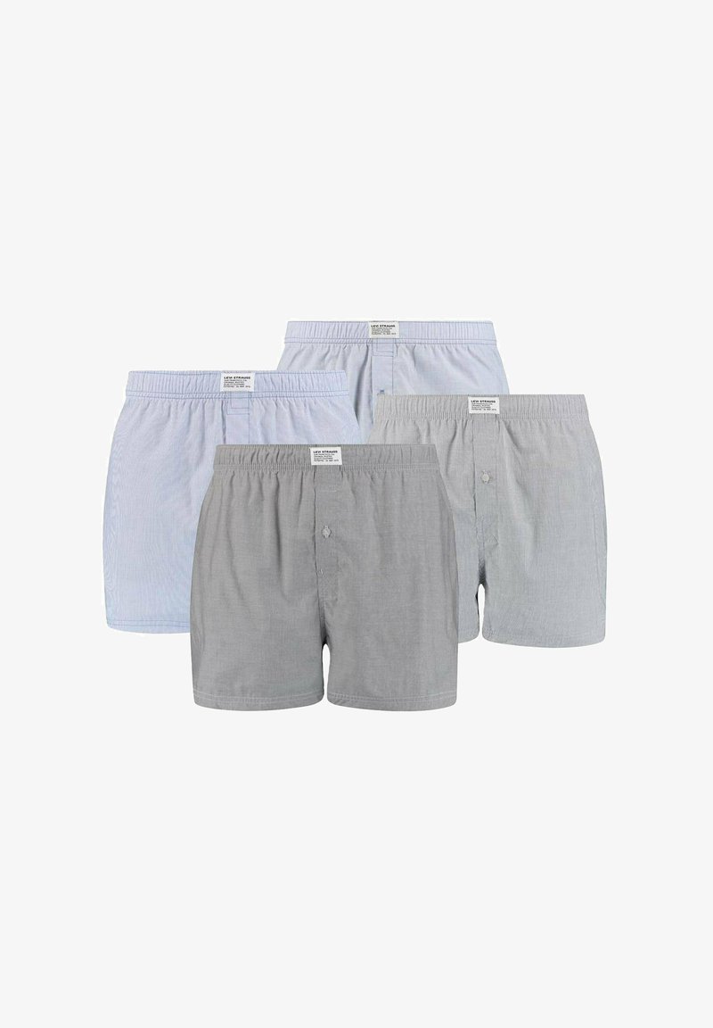 Un pack de quatre caleçons, comprenant deux avec des rayures bleu clair et deux avec un design gris uni. Tissu en coton avec une ceinture élastique et un détail de bouton.