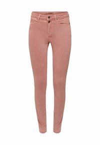 Pantalon slim taille haute pour femme en rose poussiéreux avec deux boutons à l'avant et cinq poches, présenté sur fond blanc.