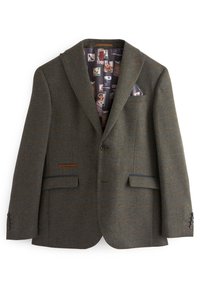 Brauner Tweed-Blazer mit Reverskragen, zwei Fronttaschen und dezenten orangen Streifen. Gefüttert mit einem gemusterten Stoff, der verschiedene Bilder zeigt.