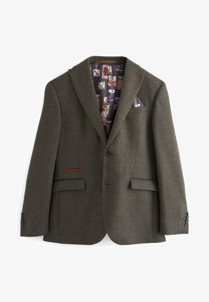 Brown tweed blazer with a notch lapel, two front pockets, and subtle orange pinstripes. Lined with a patterned fabric featuring various images.