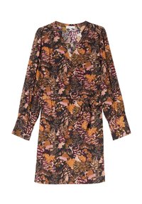 Robe à manches longues en tissu foncé avec un motif floral dans des tons de rose, orange et vert. Présente un décolleté en V et un détail de lien à la taille.