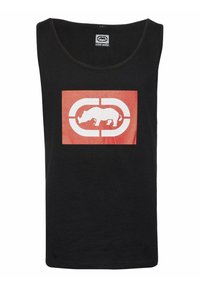 Black tank top with a round neckline featuring a prominent white and red graphic of a rhinoceros logo on the front.