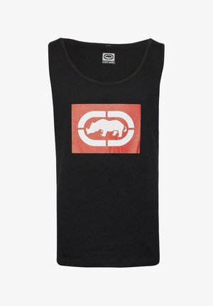 Black tank top with a round neckline featuring a prominent white and red graphic of a rhinoceros logo on the front.