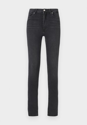 Jeans skinny noirs taille haute, en denim extensible, avec passants de ceinture, coutures minimales et un design classique à cinq poches.