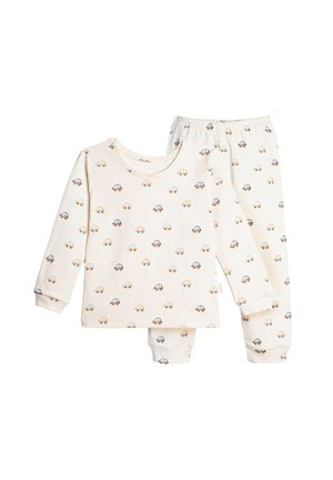 Kremowy dziecięcy długi komplet piżamowy z małymi, wielokolorowymi nadrukami samochodów, wyposażony w elastyczny pas i ściągacze przy nogawkach i rękawach.